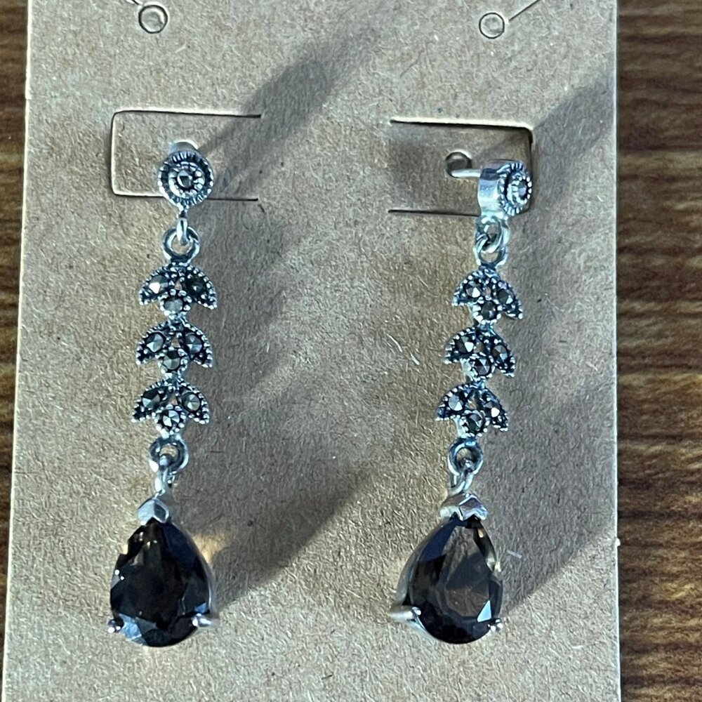 Vintage 925 Sterling Silver Dangle Earrings with Dark Type Gemstone